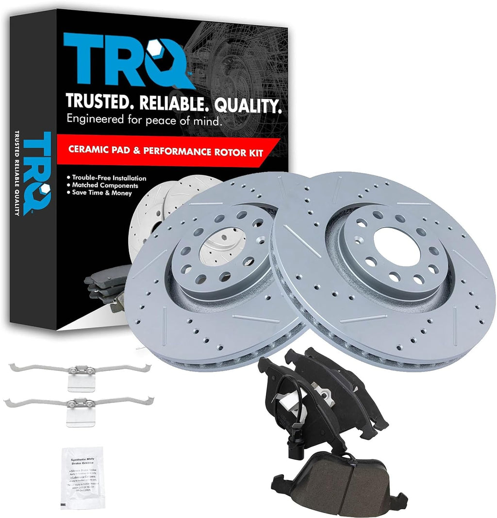 TRQ Performance Front Brake Pad and Rotor Set Ceramic Drilled Slotted G Coated Vented Rotors Compatible with 2005-2009 Audi A4 A4 Quattro