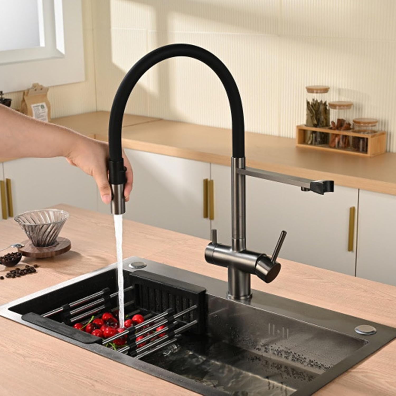 Flexible Faucet for Kitchen Sink 360° Rotation 3-in-1 Kitchen Faucet with Drinking Water Spout Single Hole,Chrome Plated