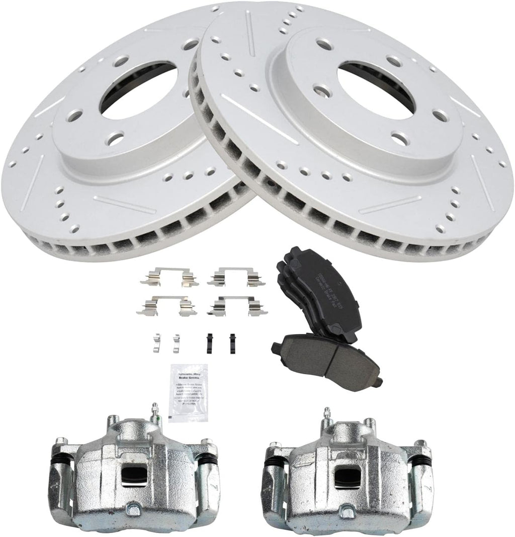 TRQ Performance Front Brake Pad and Rotor Set Ceramic Vented Coated Rotors Calipers Compatible with 2008-2011 2008-2016 Mitsubishi Lancer