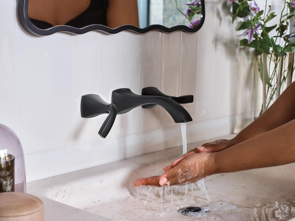 Moen T6906BL Voss Matte Black Two-Handle Wall Mount Bathroom Faucet Trim Kit, Valve Required