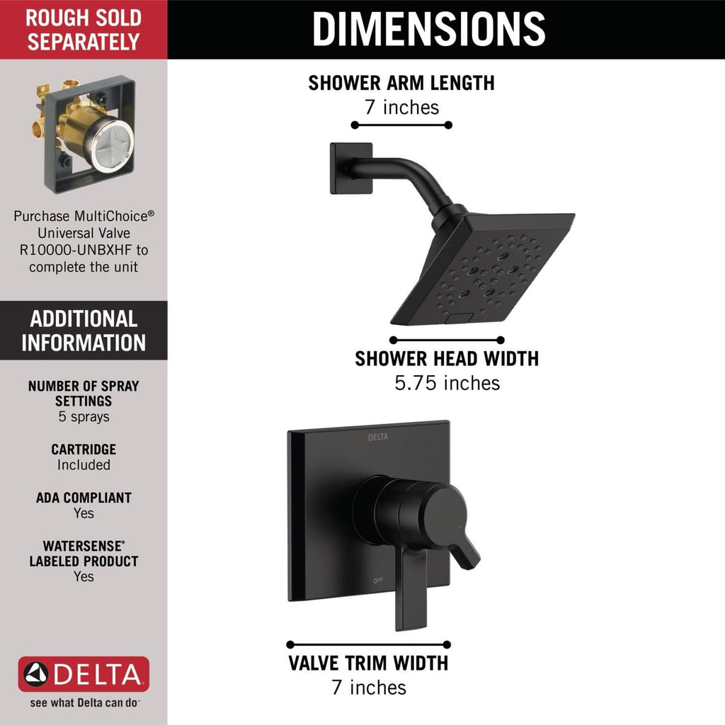 Delta Faucet Pivotal 17 Series Dual-Function Shower Faucet, Shower Trim Kit, 5-Spray H2Okinetic Shower Head, Matte Black T17299-BL (Valve Not Included)