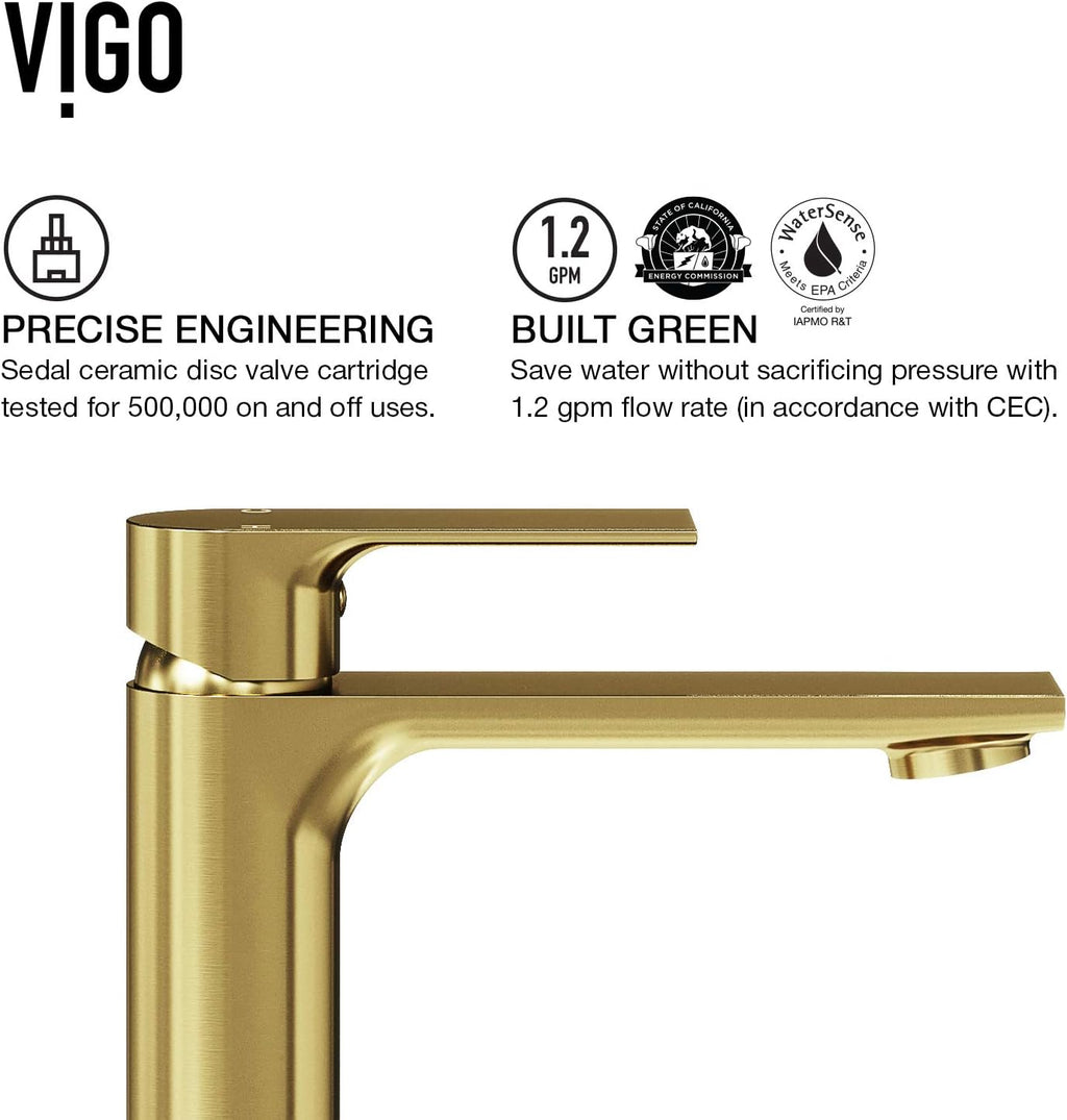 VIGO Norfolk Single-Handle Single-Hole Mount Vessel Bathroom Sink Faucet, 11-Inch, Matte Brushed Gold, Modern Design, Solid Brass, 1.2 GPM WaterSense & Ceramic Disc Valve, Corrosion-Resistant