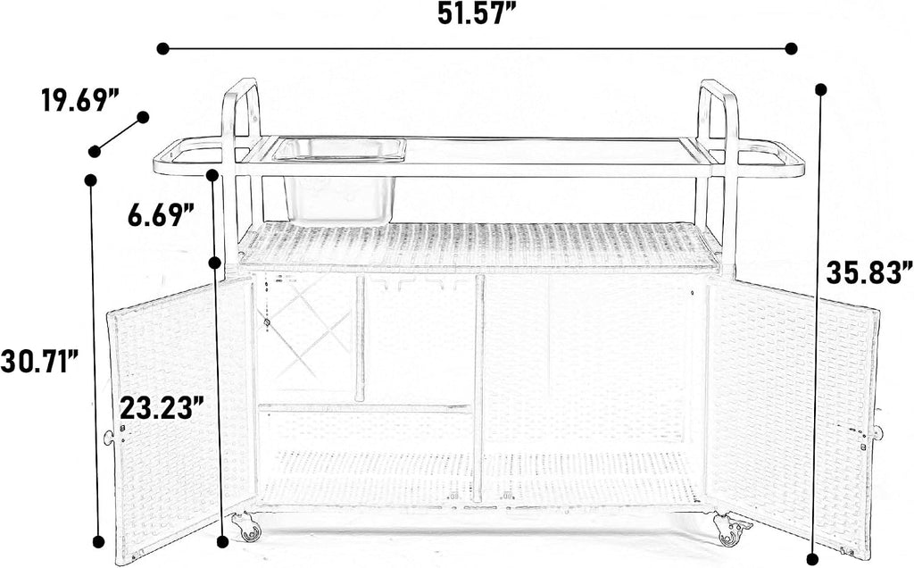 Outdoor Wicker Bar Table, All-Weather Rolling Rattan Bar Cart with Lockable Wheels, Steel Top and Ice Bucket, Outdoor Storage Cabinet Waterproof for Patio, Garden, Poolside, Backyard, Black