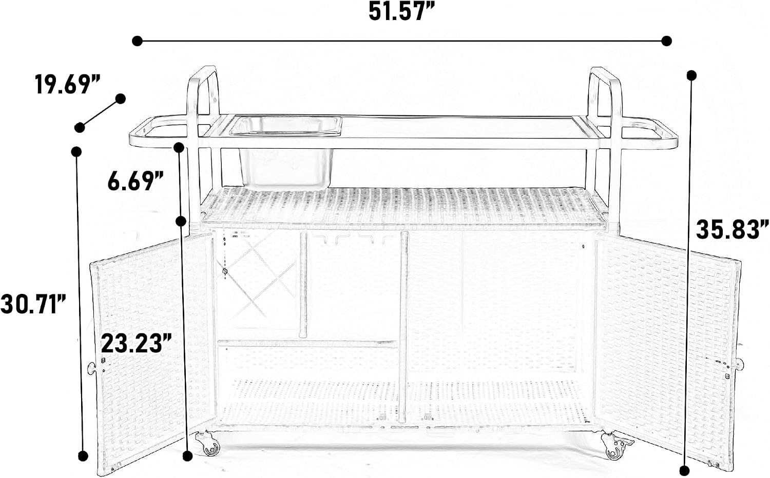 Outdoor Wicker Bar Table, All-Weather Rolling Rattan Bar Cart with Lockable Wheels, Steel Top and Ice Bucket, Outdoor Storage Cabinet Waterproof for Patio, Garden, Poolside, Backyard, Black