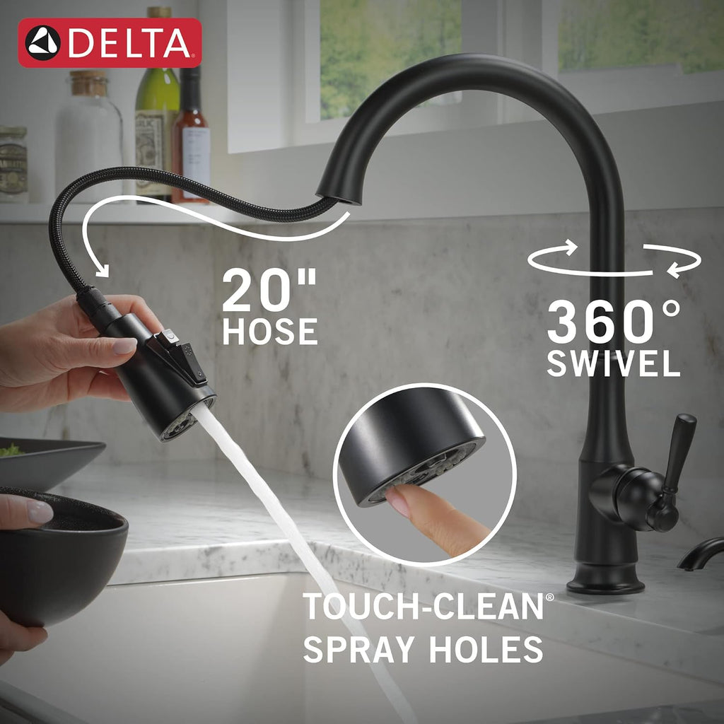 Delta Capertee Matte Black Kitchen Faucet with Pull Down Sprayer and Soap Dispenser, Modern Single Hole Kitchen Sink Faucet, Single Handle, Matte Black 19877Z-BLSD-DST
