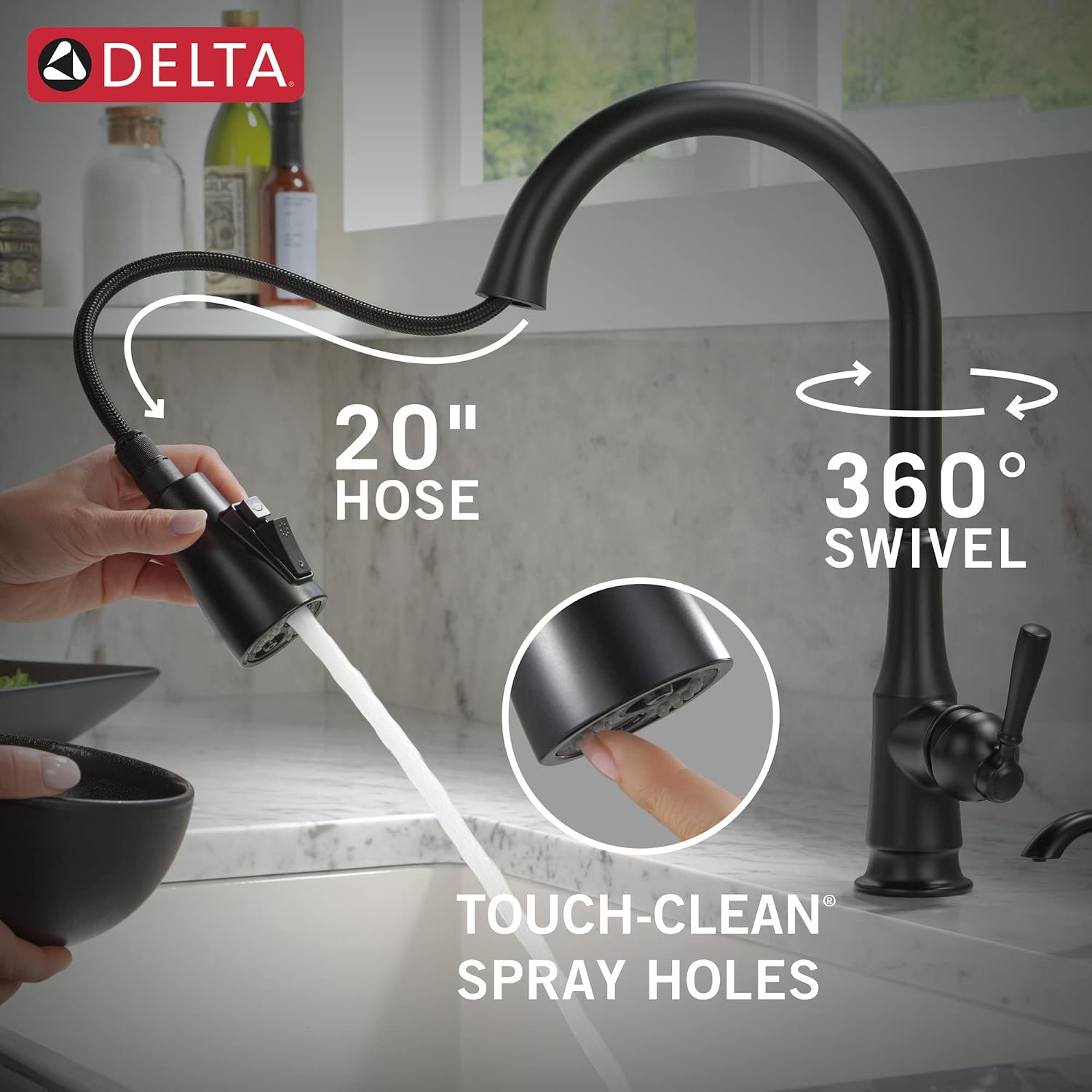 Delta Capertee Matte Black Kitchen Faucet with Pull Down Sprayer and Soap Dispenser, Modern Single Hole Kitchen Sink Faucet, Single Handle, Matte Black 19877Z-BLSD-DST
