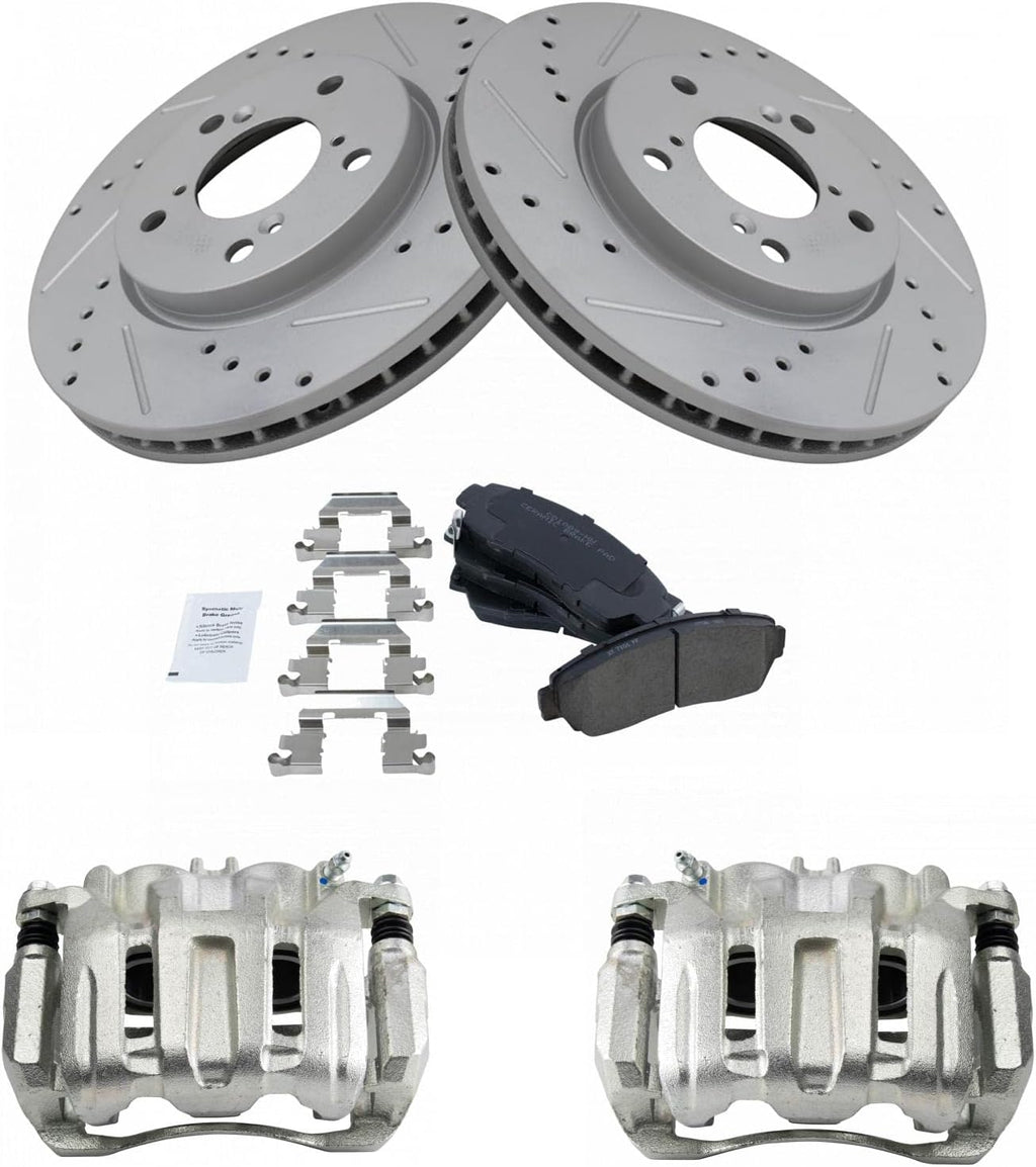 TRQ Front Brake Pad and Rotor Set Ceramic Drilled Slotted Coated Rotors Calipers Compatible with 2005-2010 Honda Odyssey