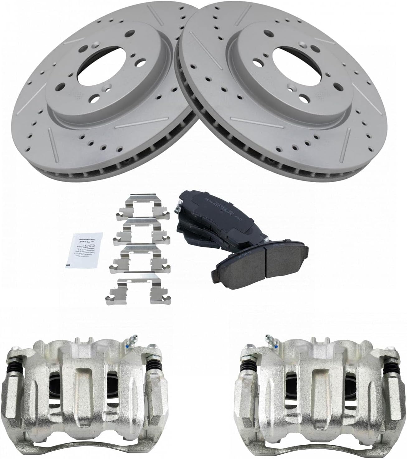 TRQ Front Brake Pad and Rotor Set Ceramic Drilled Slotted Coated Rotors Calipers Compatible with 2005-2010 Honda Odyssey