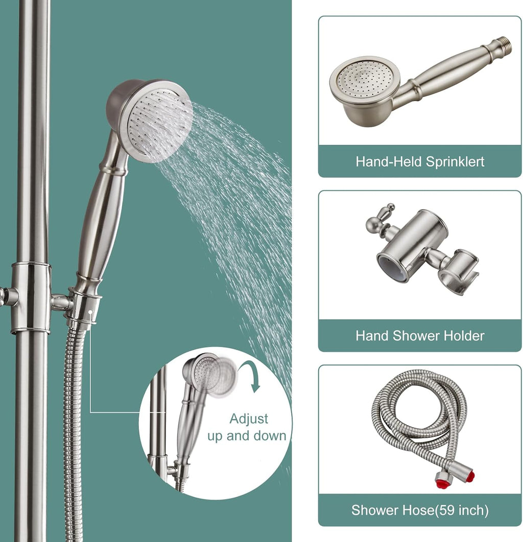 Heyalan Exposed Pipe Shower System Brushed Nickel 8 Inch Rainfall Showerhead Shower Faucet Fixture Combo Set Brass Single Handle with Hand Sprayer Adjustable Slide Bar Dual Functions