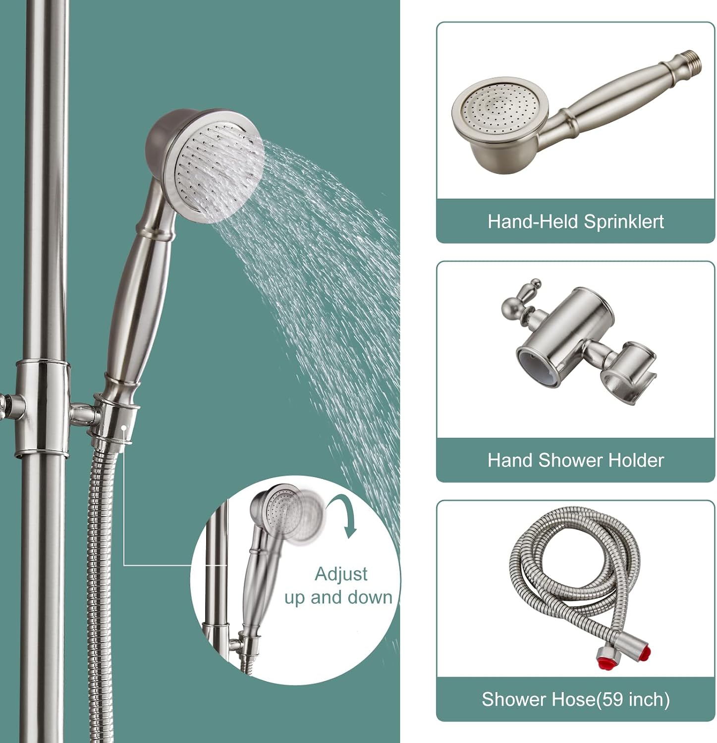 Heyalan Exposed Pipe Shower System Brushed Nickel 8 Inch Rainfall Showerhead Shower Faucet Fixture Combo Set Brass Single Handle with Hand Sprayer Adjustable Slide Bar Dual Functions