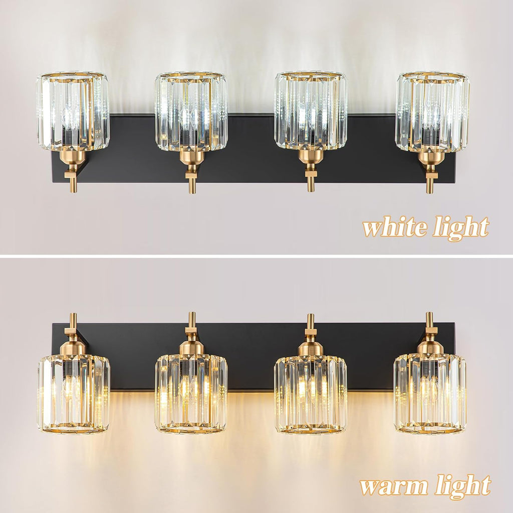 Black Gold Crystal Bathroom Vanity Light, Modern 4-Lights Bathroom Light Fixtures Over Mirror, Crystal Wall Lighting with Polished Gold Finish