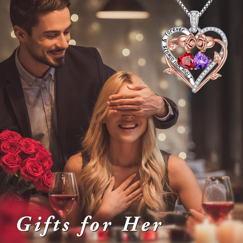 Iefil Rose Heart Double Birthstone Necklace Gifts for Wife Girlfriend Her Women, Birthstone Jewelry Gemstone Birthday Gifts for Mom Grandma Her Wife Women