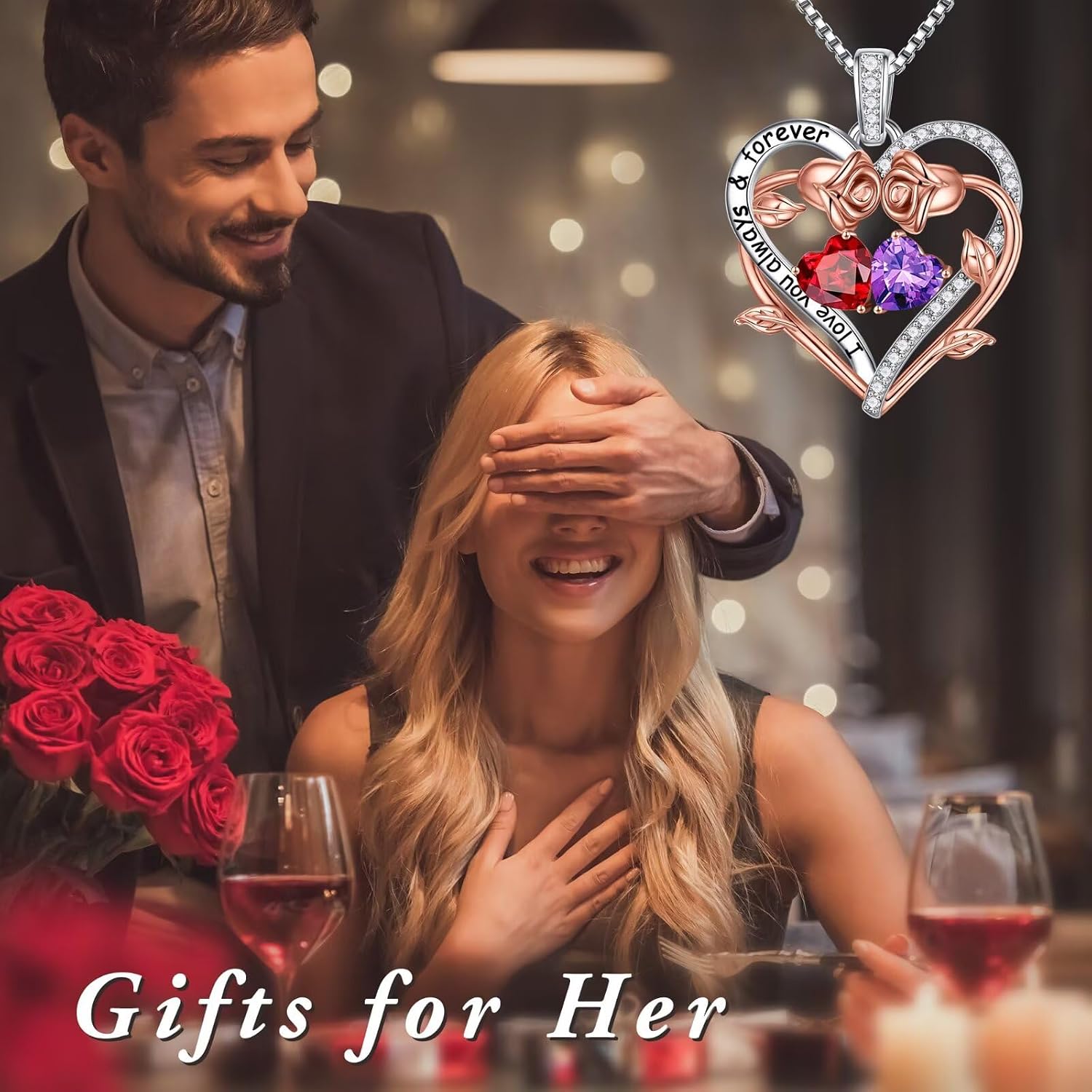 Iefil Rose Heart Double Birthstone Necklace Gifts for Wife Girlfriend Her Women, Birthstone Jewelry Gemstone Birthday Gifts for Mom Grandma Her Wife Women