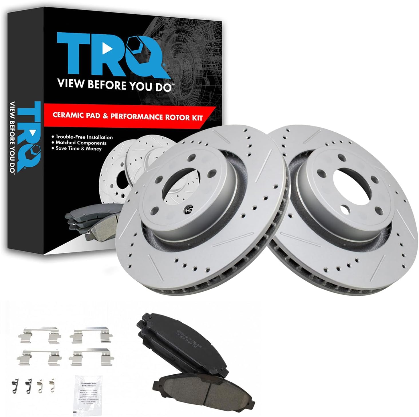 TRQ Performance Front Brake Pad and Rotor Set Ceramic Drilled Slotted Vented Rotors Compatible with 2015-2017 Ford Mustang