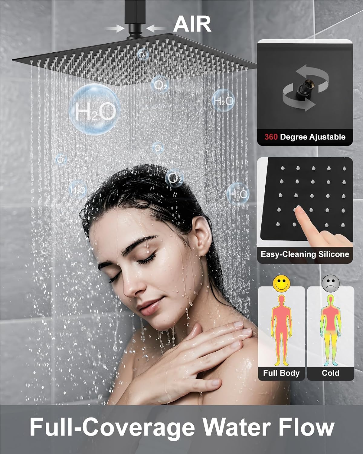 Aolemi Ceiling Mount Shower Faucet Set,Shower System Rain Showerhead and Handheld Spray Combo High-Pressure Showerheads Set with Valve and Trim Kit Rough-in Valve,16 Inch Matte Black