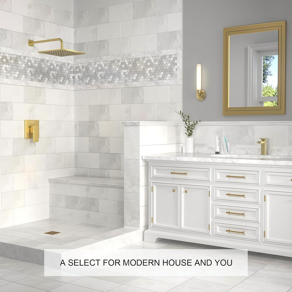 Lava Odoro 12-inch Modern Square Shower Faucet Set Brushed Gold, Shower Trim Kit with Rough-in Valve High Pressure Gold Rainfall Shower Head and Handle Set, (Valve Included), SF106-SG