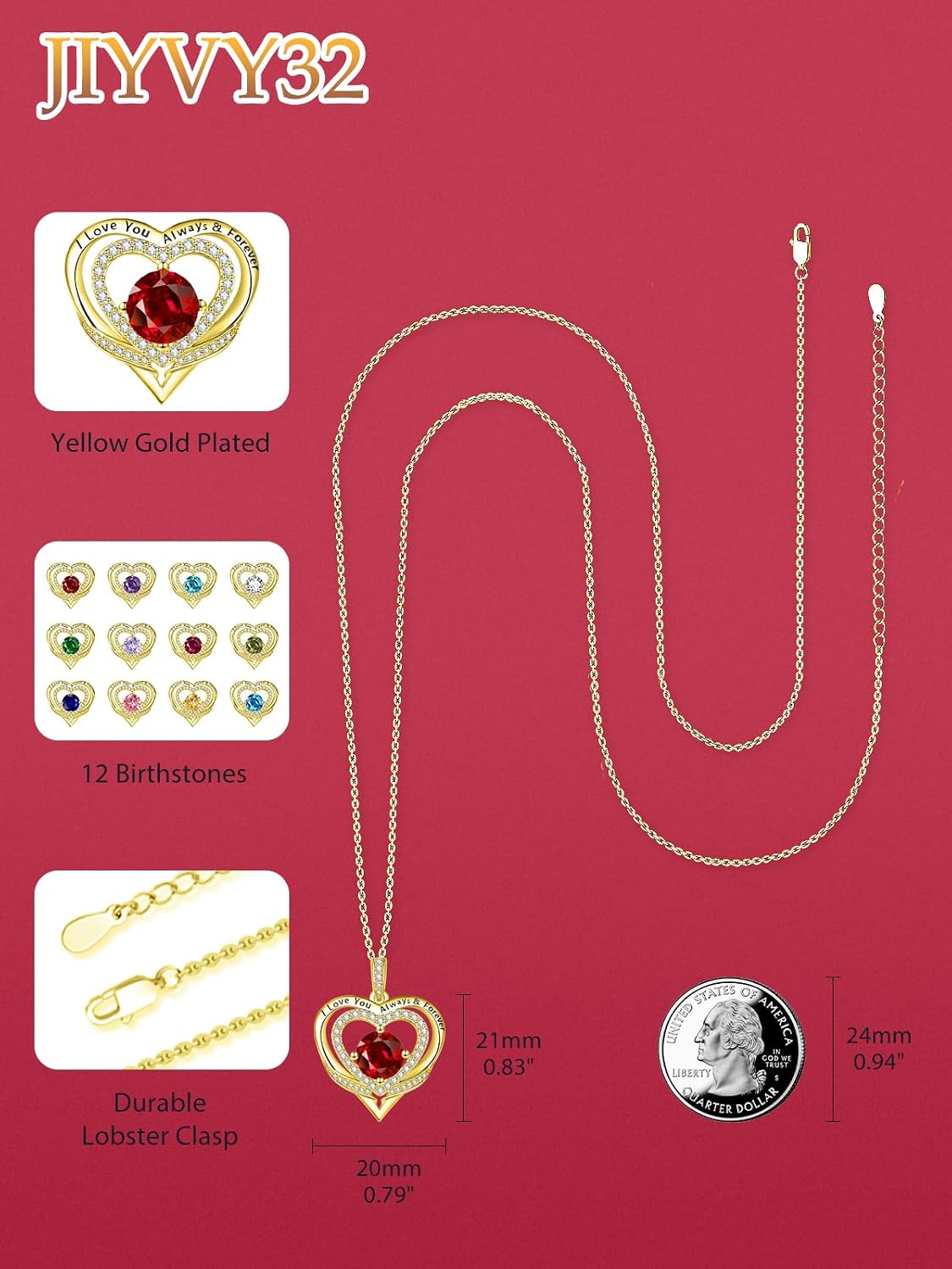 14K Gold Heart Necklaces for Women with Birthstone Pendant ，Double Hearts Necklace Jewelry Gift for Girlfriend Mom Anniversary Birthday Adjustable Chain 18' + 2' 'I Love You Always & Forever