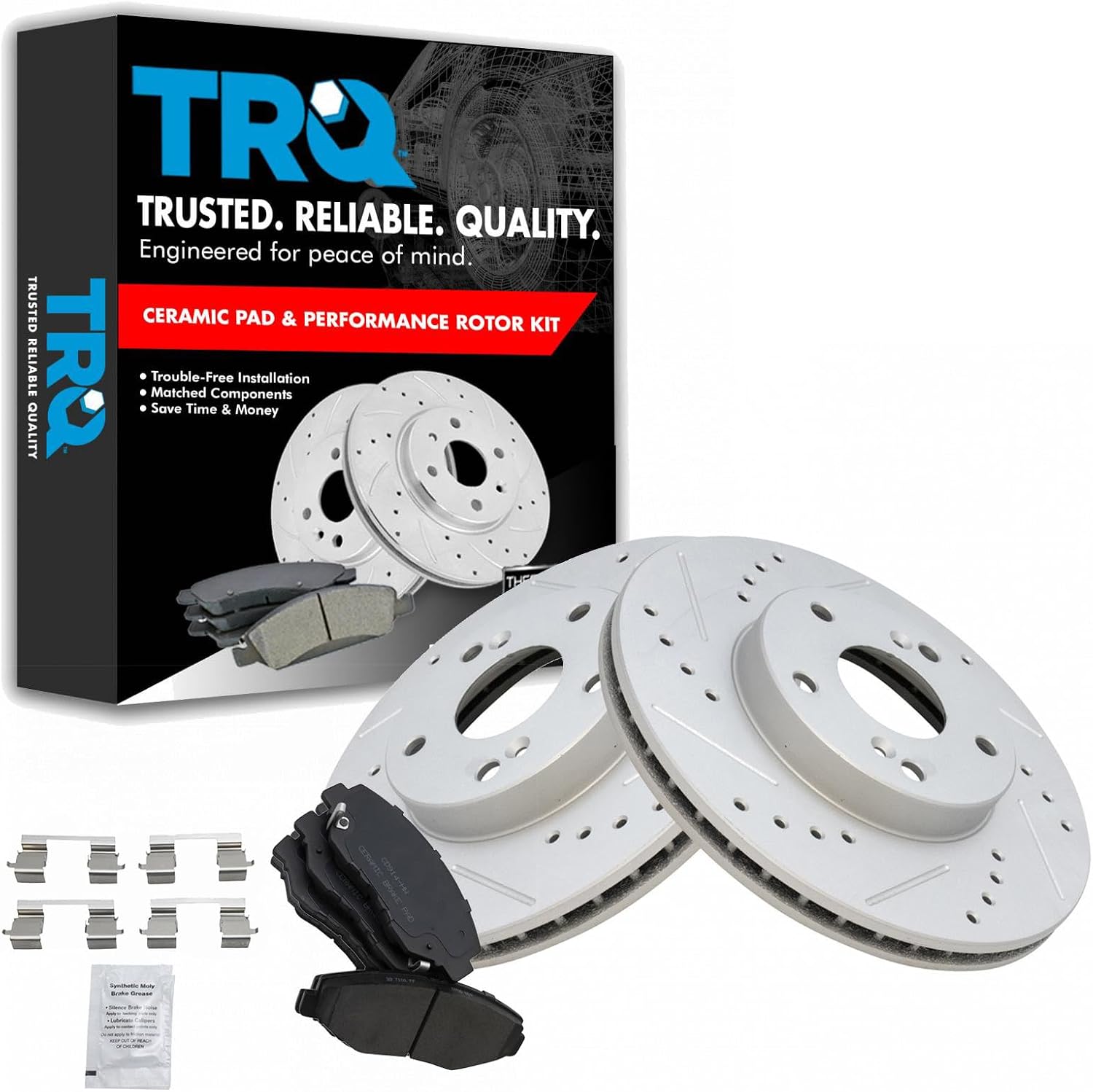 TRQ Performance Front Brake Pad and Rotor Set Ceramic Coated Drilled Slotted Vented Rotors Compatible with 03-17 Honda Accord 03-11 Element 13-15 Acura ILX 13-15 Civic 2014 Fit 2016 CR-Z