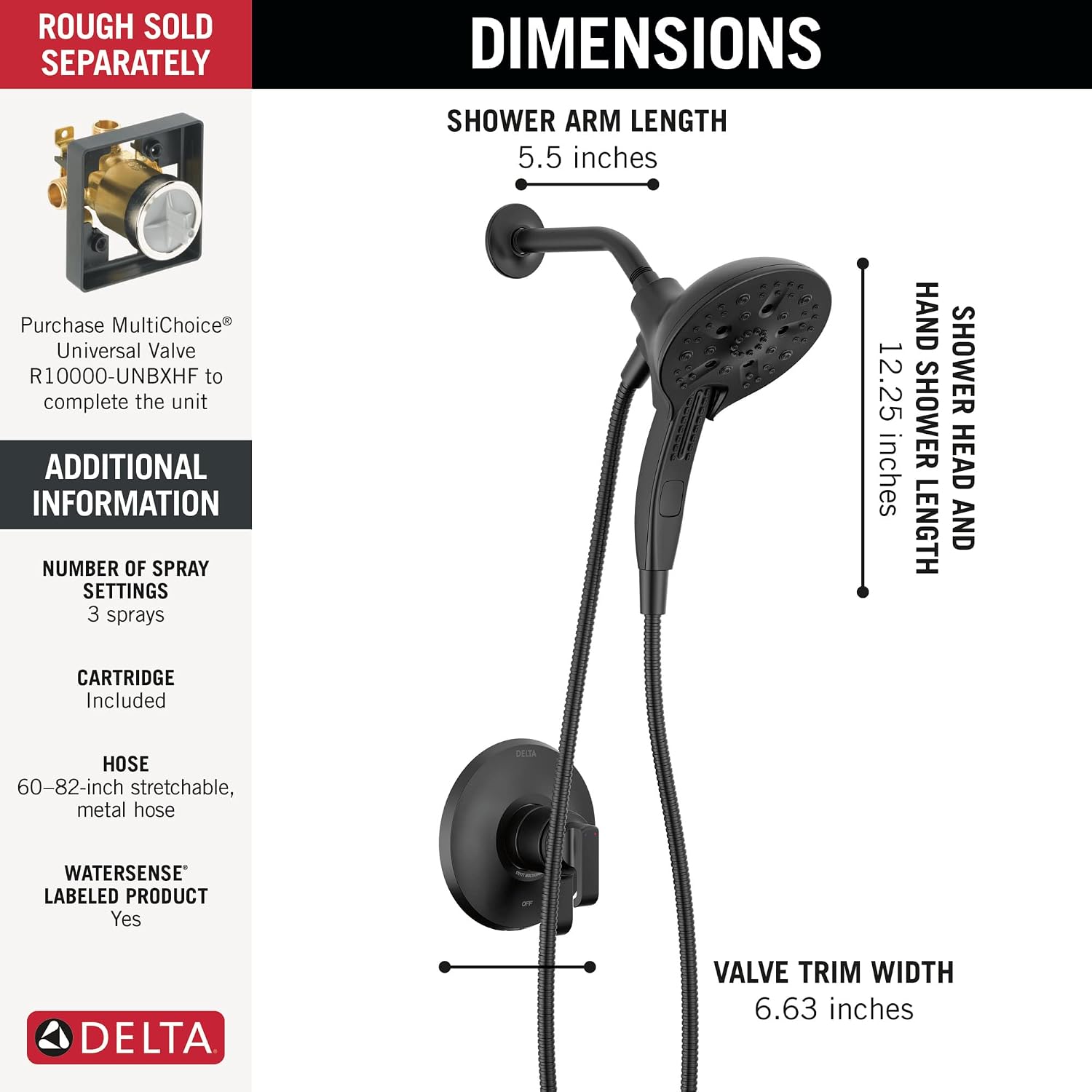 Delta Tetra 17 Series Matte Black Dual-Function Shower Faucet Set with In2ition 2-in-1 Dual Shower Head with HandHeld Spray Combo, Valve Trim Kit, Matte Black T17289-BL (Valve Not Included)