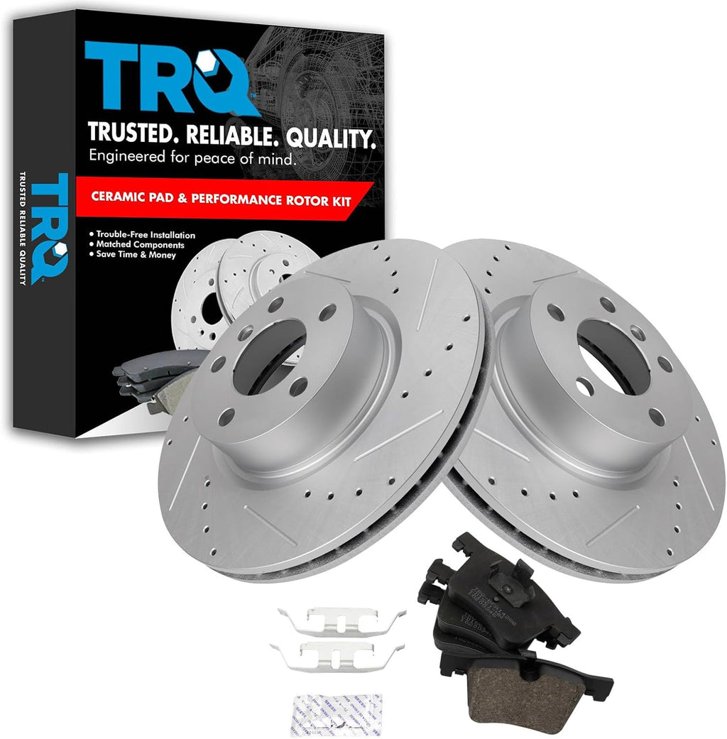TRQ Performance Front Brake Pad and Rotor Set Ceramic Drilled Slotted G Coated Rotors Compatible with 2011-2017 BMW X3 2015-2018 X4
