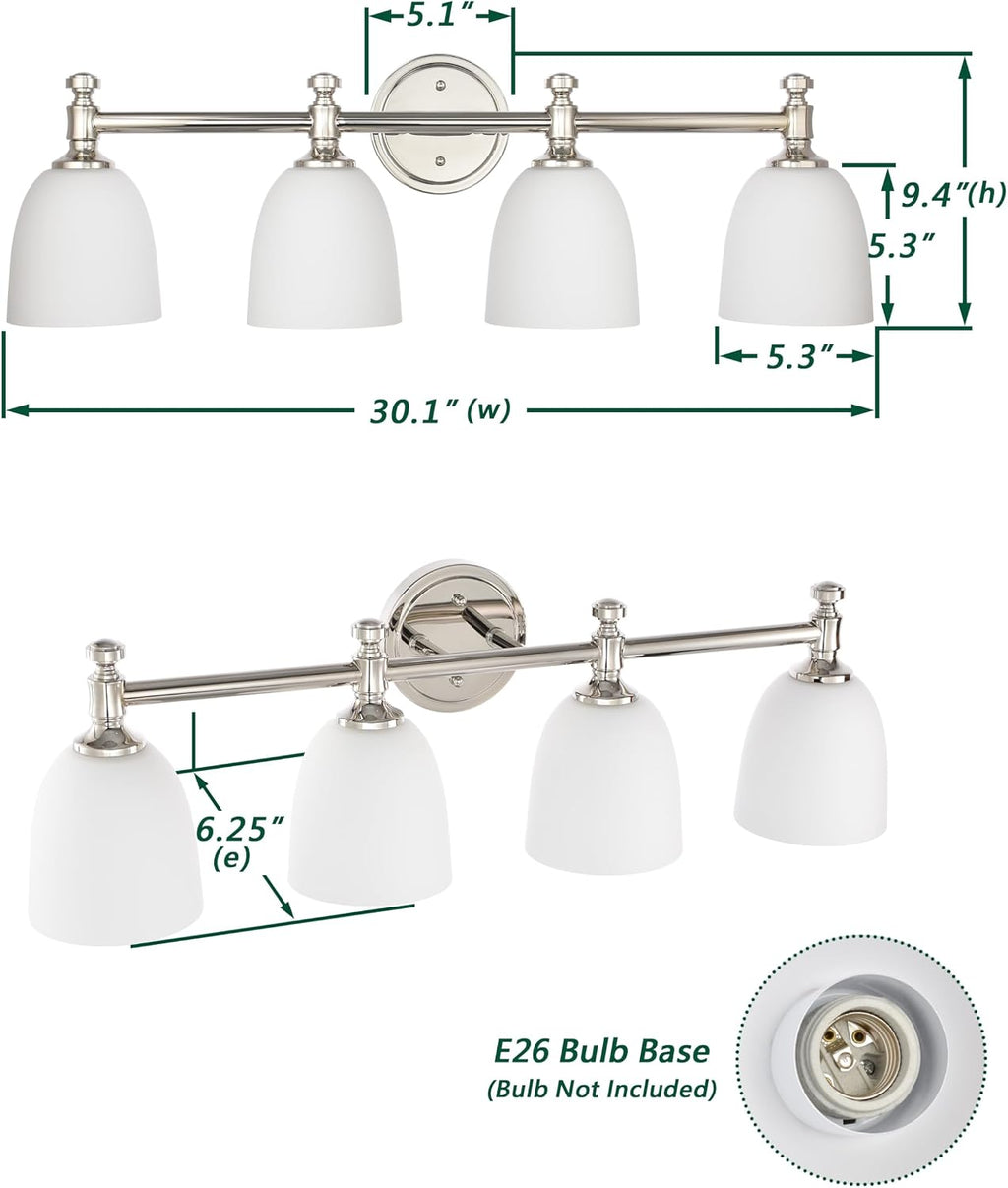 Bathroom Vanity Light, 4-Light Bathroom Light Fixtures Over Mirror, Traditional Vanity Lights for Living Room, Milk White Bell Glass Shades, Standard E26 Base, Polished Nickel