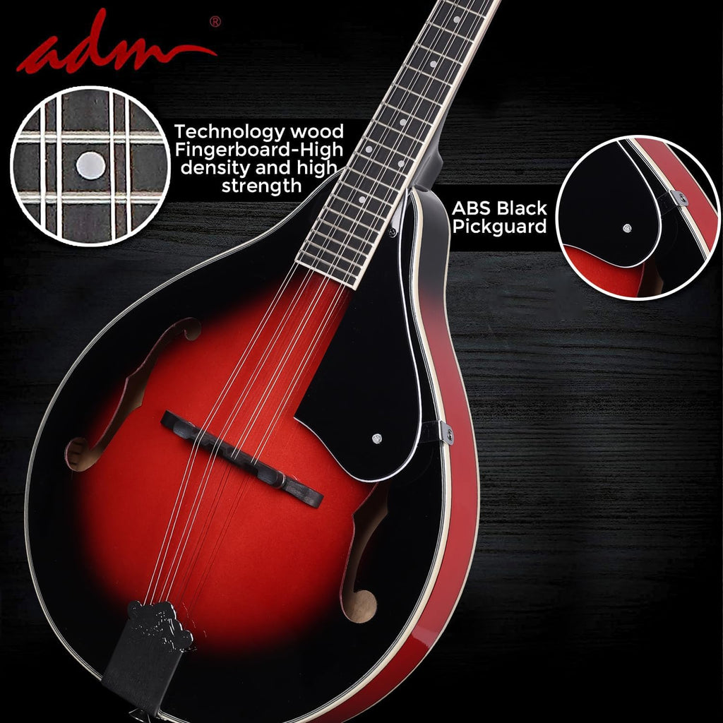 ADM Acoustic Mandolin Instrument Kit Music A Style for Kids Students Adults Wood Mandolins Beginner Set With Bag, Tuner, Pick-up, Strap, Strings, Picks and Hanger, Red