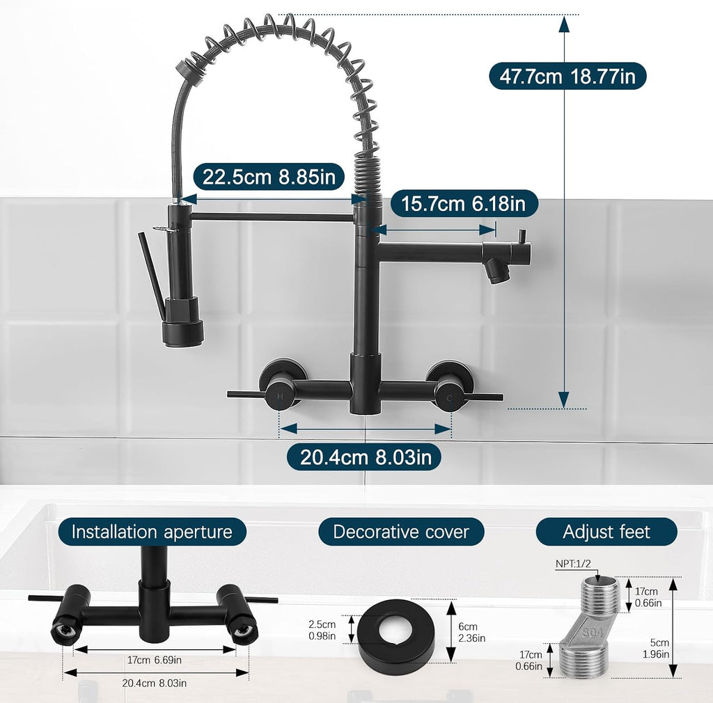 AIMADI Black Wall Mount Kitchen Faucet with Pull Down Sprayer Pot Filler | Matte Black Commercial Style Dual Handle Sink Faucet Spring Design for Kitchen
