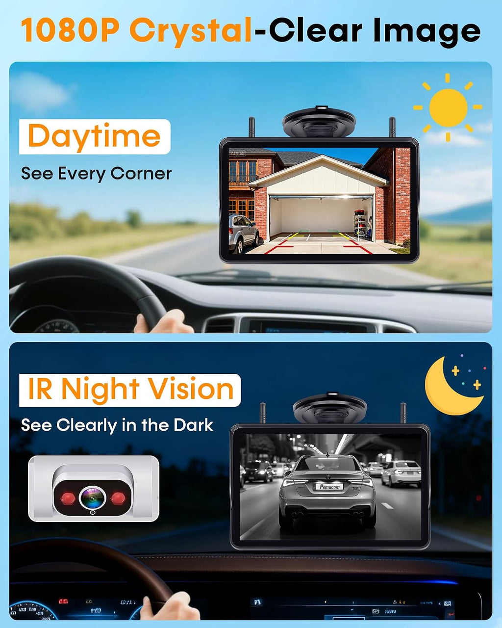 Pemacom Wireless Backup Camera for Towable-RV: 1-Second Magnetic No Wiring Long Distance Signal for Thor/Forest River Series RVs - 7.3' Recording Monitor HD 1080P Auto Sleep Solar RV Backup Camera