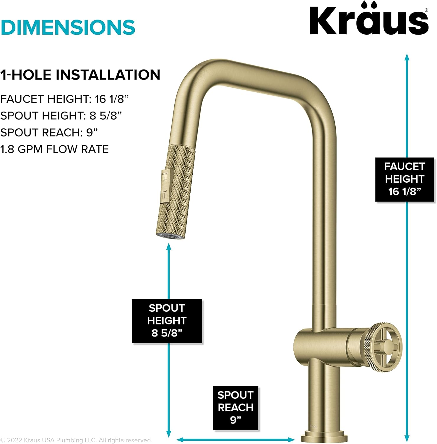 KRAUS Urbix Industrial Pull-Down Single Handle Kitchen Faucet in Brushed Gold, KPF-3126BG