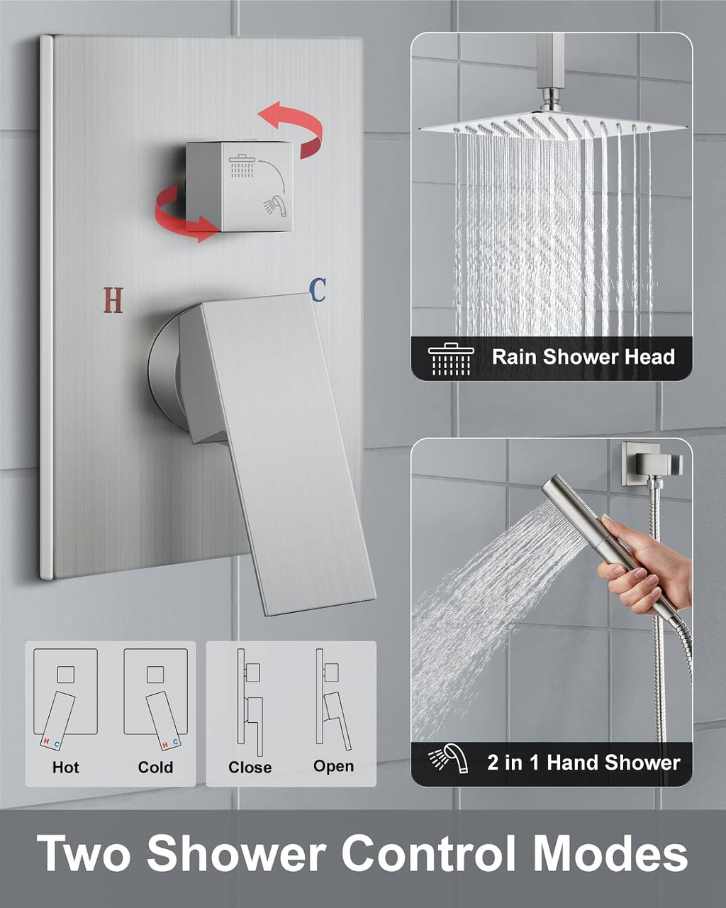 Aolemi Ceiling Mount Shower Faucet Set,Shower System Rain Showerhead and Handheld Spray Combo High-Pressure Showerheads Set with Valve and Trim Kit Rough-in Valve,12 Inch Brushed Nickel