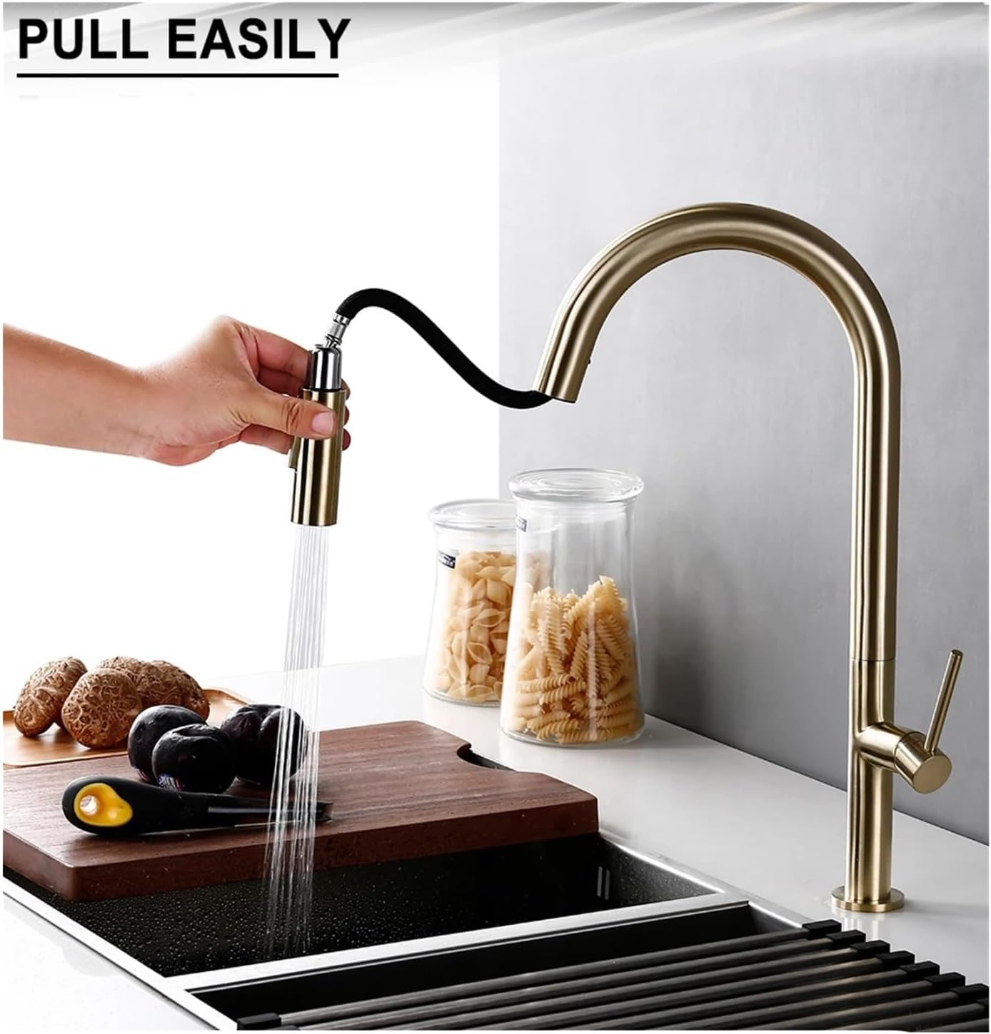 Brass Brushed Gold Black 360 Degree Rotation Kitchen Hot and Cold Water Sink Taps Pull Out Spout Kitchen Faucet(Brushed Gold)