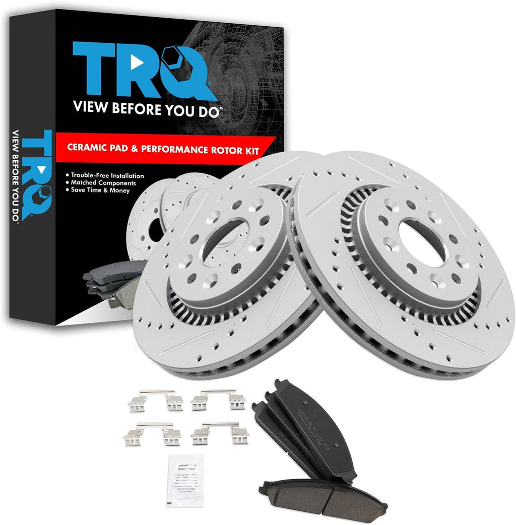 TRQ Performance Front Brake Pad and Rotor Set Ceramic Coated Drilled Slotted Rotors Compatible with 05-07 Ford Five Hundred Freestyle 08-09 Taurus Taurus X 05-07 Mercury Montego 08-09 Sable