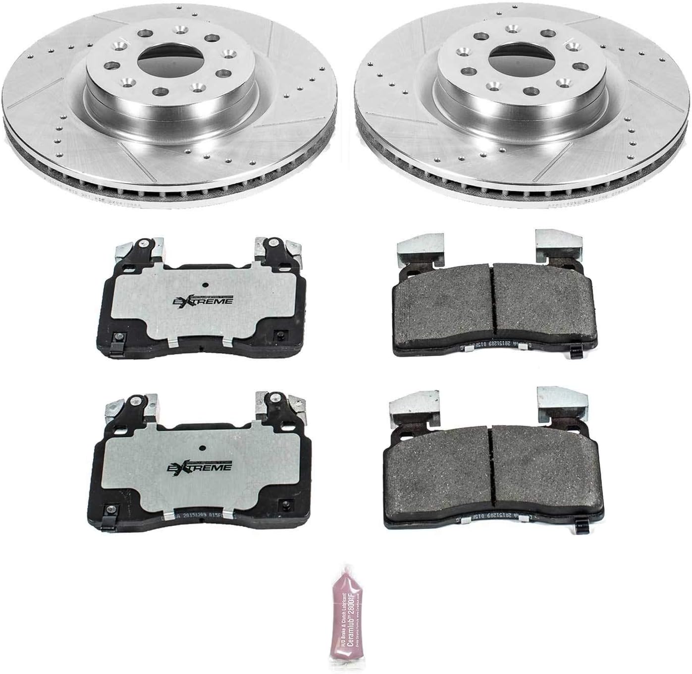 PowerStop Front Brake Kit for Cadillac CT6 2016-18 |CTS 2014-19 |Chevrolet Camaro 2016-23 - Carbon-Fiber Ceramic Z26 Brake Pads + Drilled & Slotted Rotors Upgrade, K6998-26