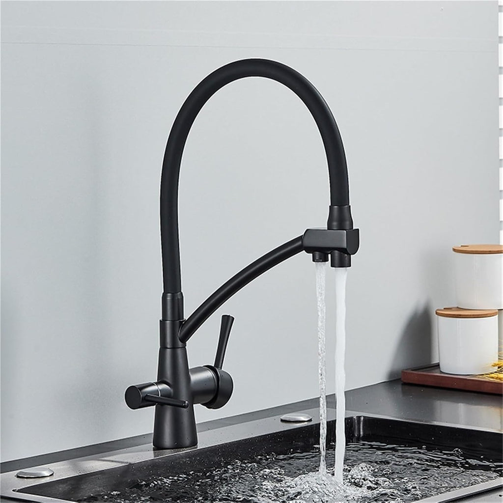 Filter Purification Flexible Rotated Kitchen Faucet Dual Spout Dual Handles Mixer Tap Hot and Cold Pure Water Mixer(Matte Black A)