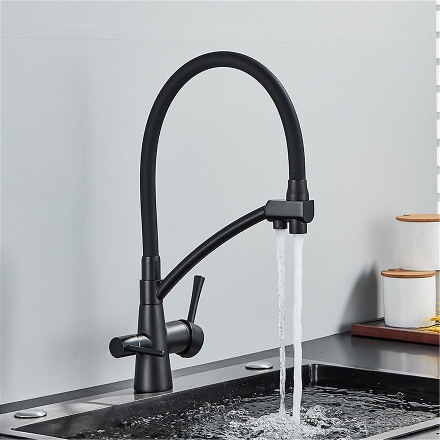 Filter Purification Flexible Rotated Kitchen Faucet Dual Spout Dual Handles Mixer Tap Hot and Cold Pure Water Mixer(Matte Black A)