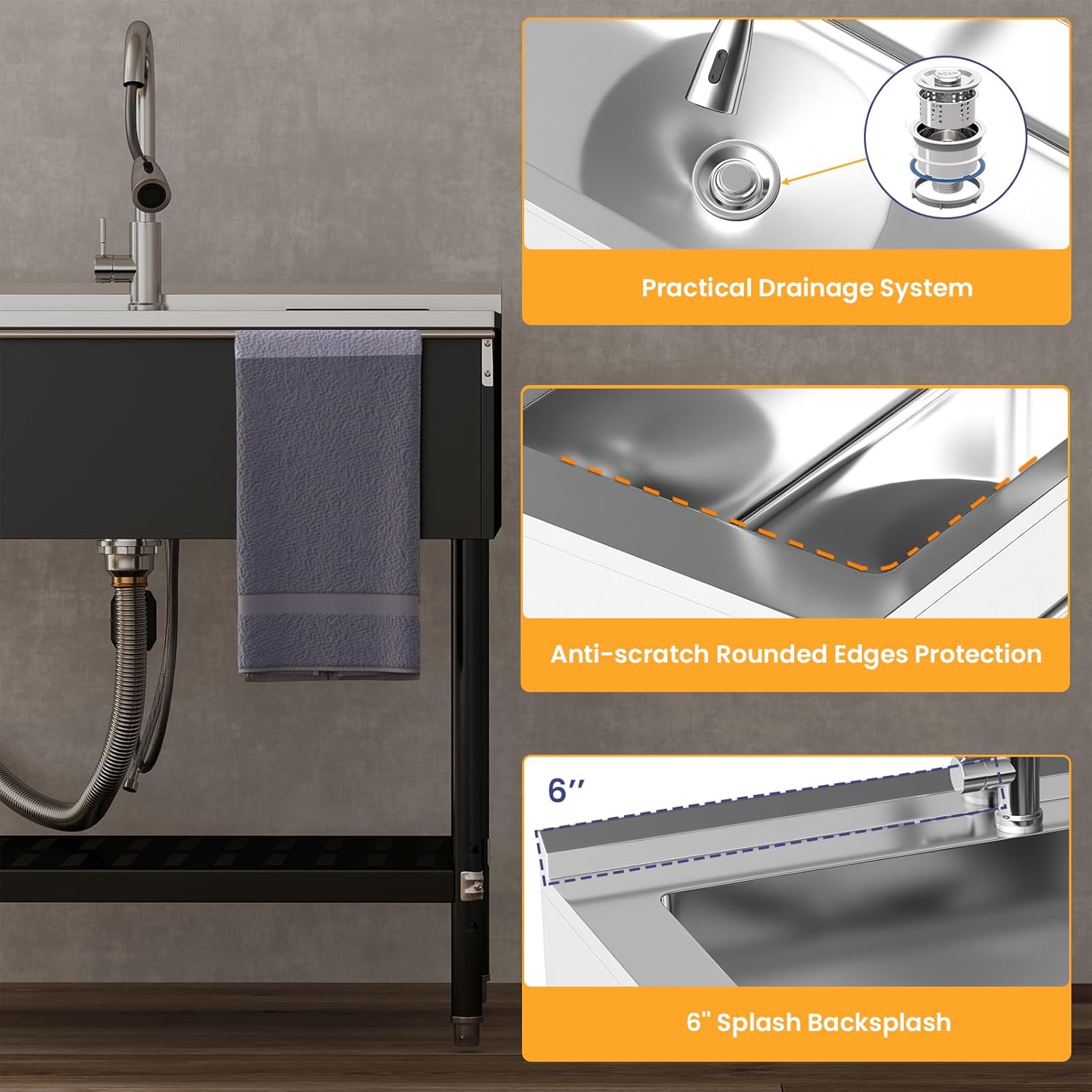 Stainless Steel Utility Sink, 30.8'' Free Standing Single Bowl Sink with Pull-Out Faucet & Cold and Hot Water Pipe & basket, Indoor and Outdoor Sink for Laundry Room, Garage, Kitchen, Black