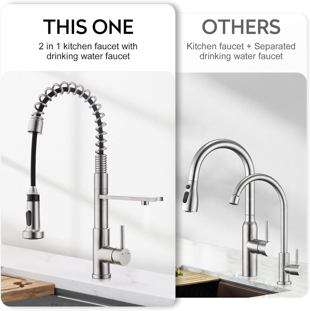 CREA 3-Way Kitchen Faucet, Brushed Chrome, Pull-Out, 20-Inch Flexible Hose, Single Lever Control, 5-Layer Stainless Steel Body, Advanced Ceramic Valve Core, 3/4-Inch Spout
