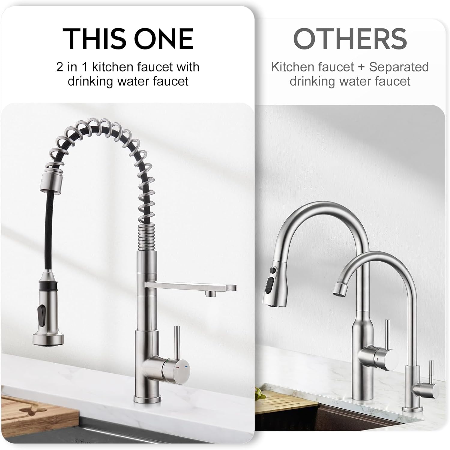 CREA 3-Way Kitchen Faucet, Brushed Chrome, Pull-Out, 20-Inch Flexible Hose, Single Lever Control, 5-Layer Stainless Steel Body, Advanced Ceramic Valve Core, 3/4-Inch Spout