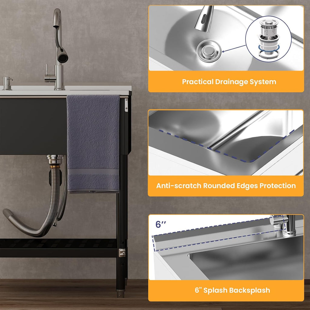 Stainless Steel Utility Sink, 25.6'' Free Standing Single Bowl Sink with Pull-Out Faucet & Cold and Hot Water Pipe & basket, Indoor and Outdoor Sink for Laundry Room, Garage, Kitchen, Black