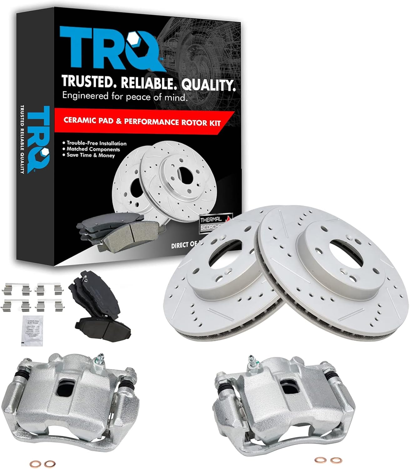 TRQ Performance Front Brake Pad and Rotor Kit Caliper Ceramic Vented Slotted Drilled G-Coated Compatible with 2014 Honda Fit