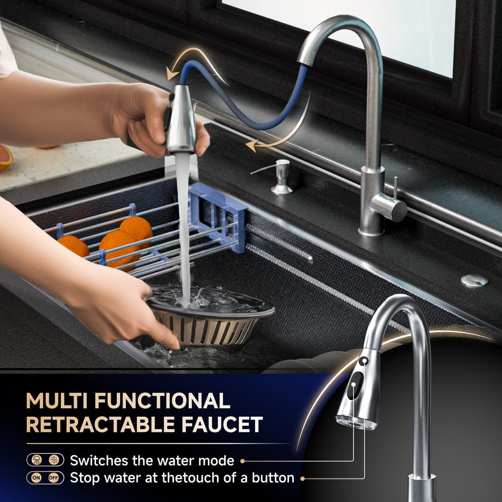 Heavy Duty Stainless Steel Utility Sink,36' Freestanding Laundry Room Sink with Stainless Steel Pull-Out Faucet, Storage Shelf & Drain Kit Single Bowl Sink for Outdoor, Garage, Workshop(Black 36x20)