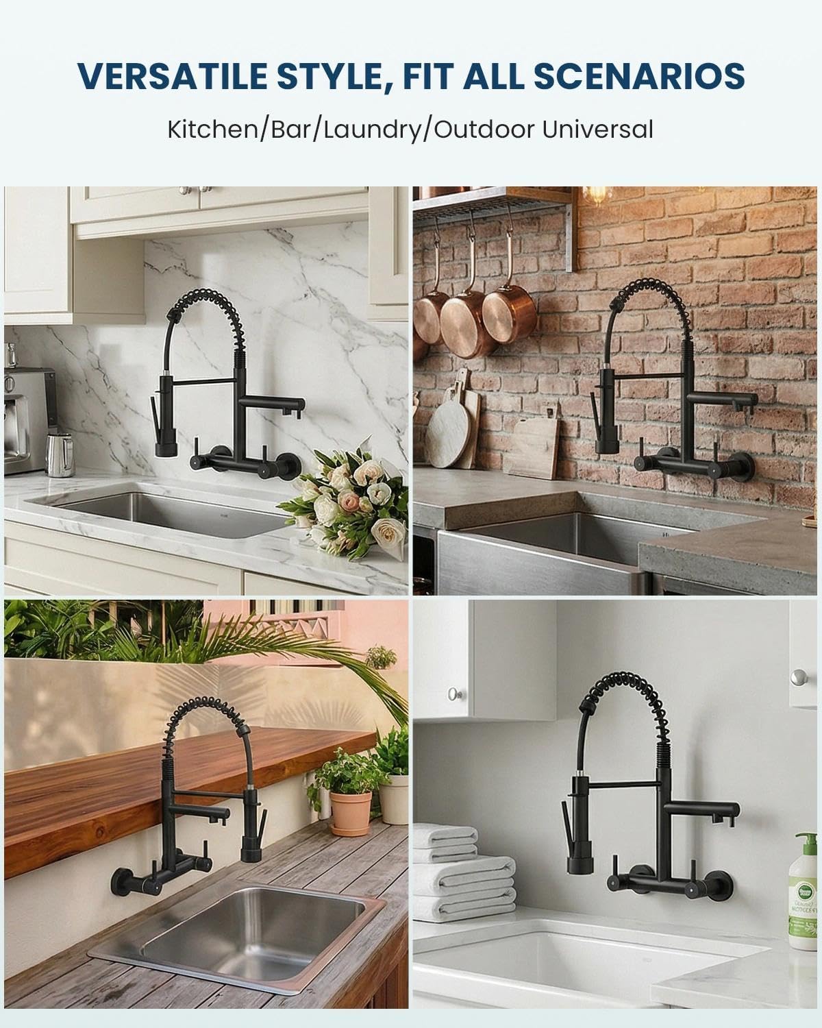 Wall Mount Kitchen Faucet with Pull Down Sprayer, 8 Inch Center Commercial Matte Black Kitchen Sink Faucet, 304 Stainless Steel 2 Handle Sink Faucet for Kitchen