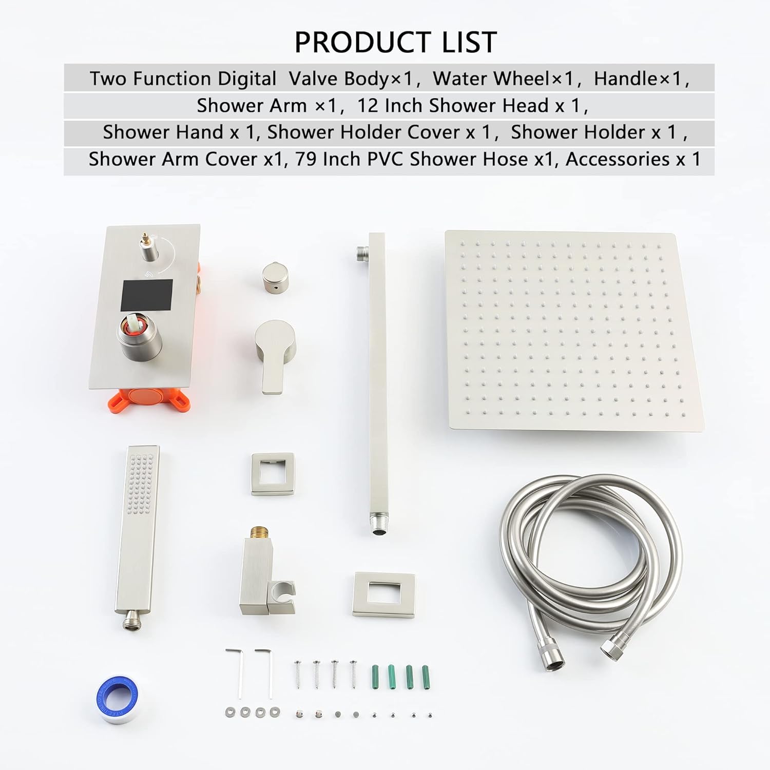 SKWOLL Shower Faucet Sets with Hydro Power Temperature Display, Brushed Nickel 12 Inch Shower Head Combo Kit, 2 Function Wall Mounted Shower Fixtures with Digital Shower Valve