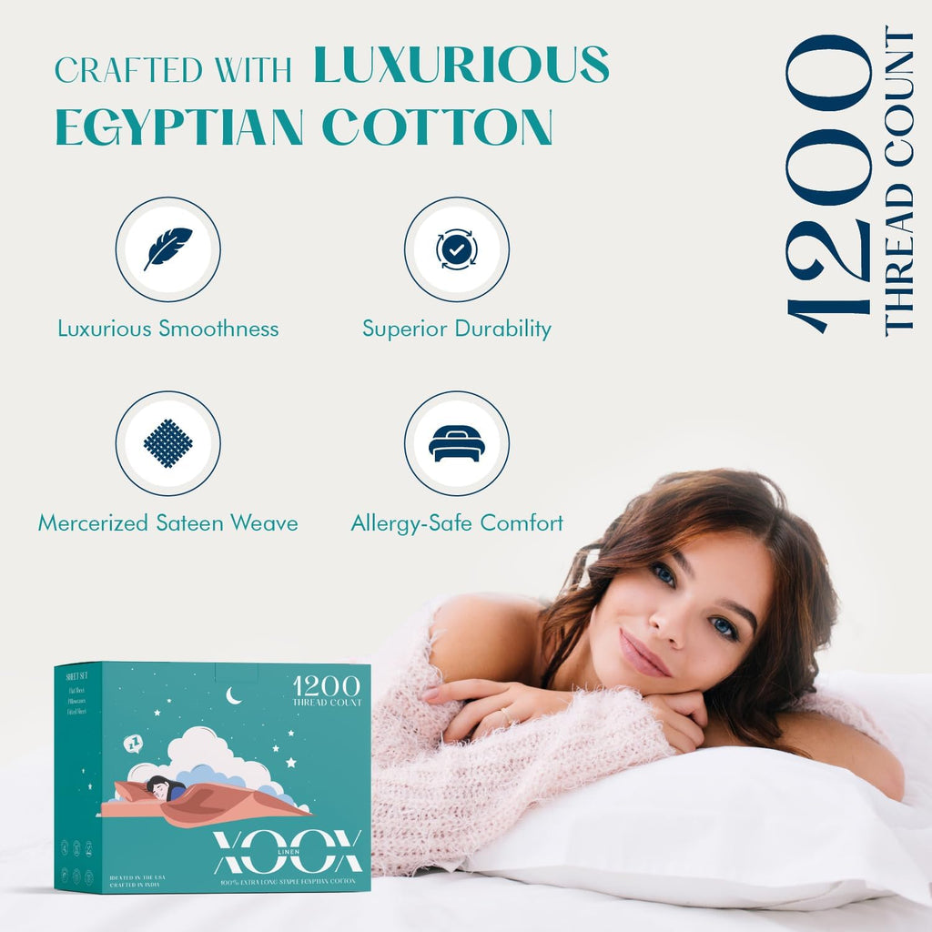XOOX Linen 100% Egyptian Cotton King Size Sheets Set - Luxury 1200 Thread Count Egyptian Cotton Sheets King Size, 17' Deep Pocket, Soft, Cooling Sateen Weave Hotel Quality Bedding Set - Light Grey