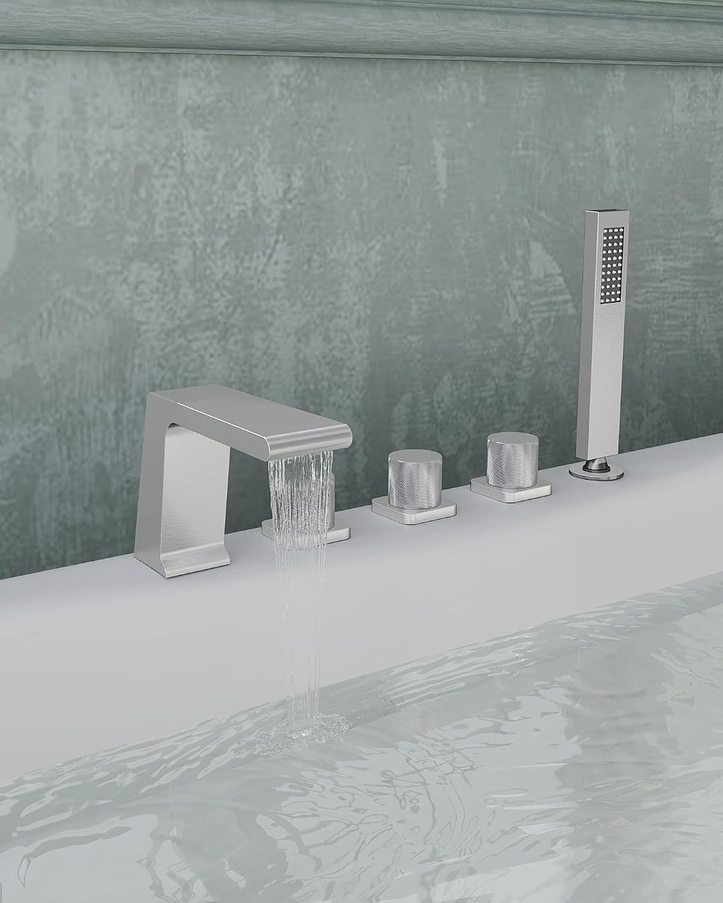 Bathtub Faucet Set with 3 Handle, Deck Mount 5 Hole Roman Waterfall Spout Bath Tub Faucet with Valve, Brushed Nickel