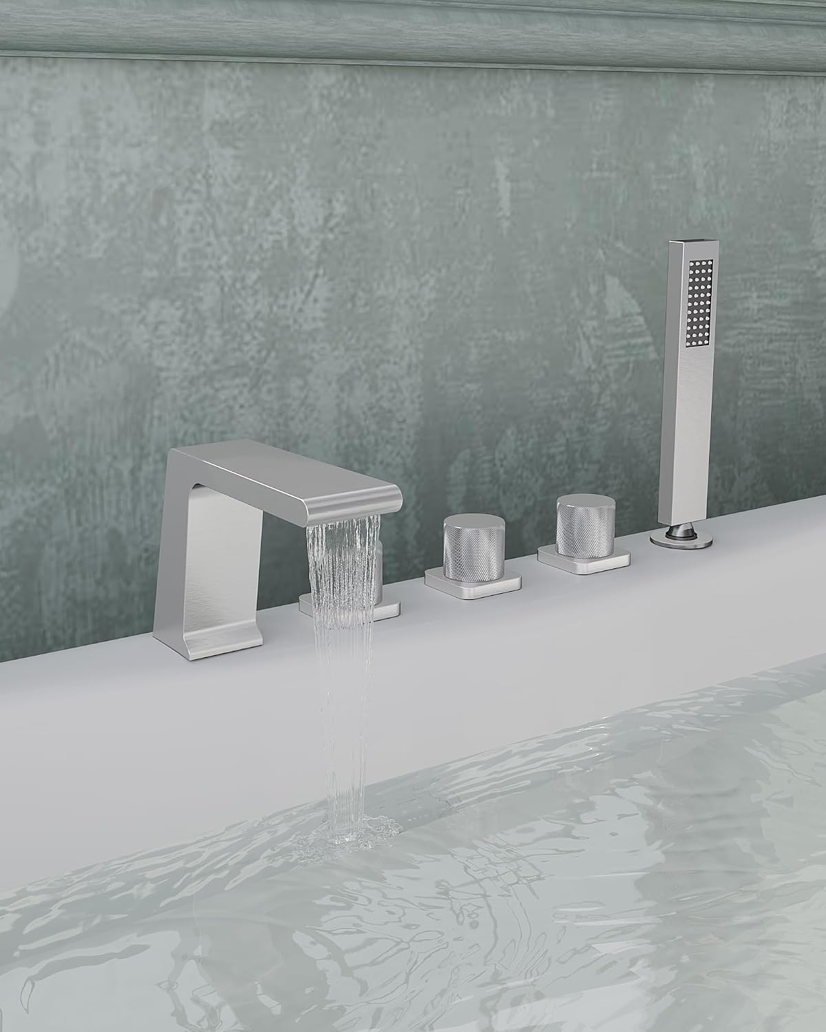 Bathtub Faucet Set with 3 Handle, Deck Mount 5 Hole Roman Waterfall Spout Bath Tub Faucet with Valve, Brushed Nickel
