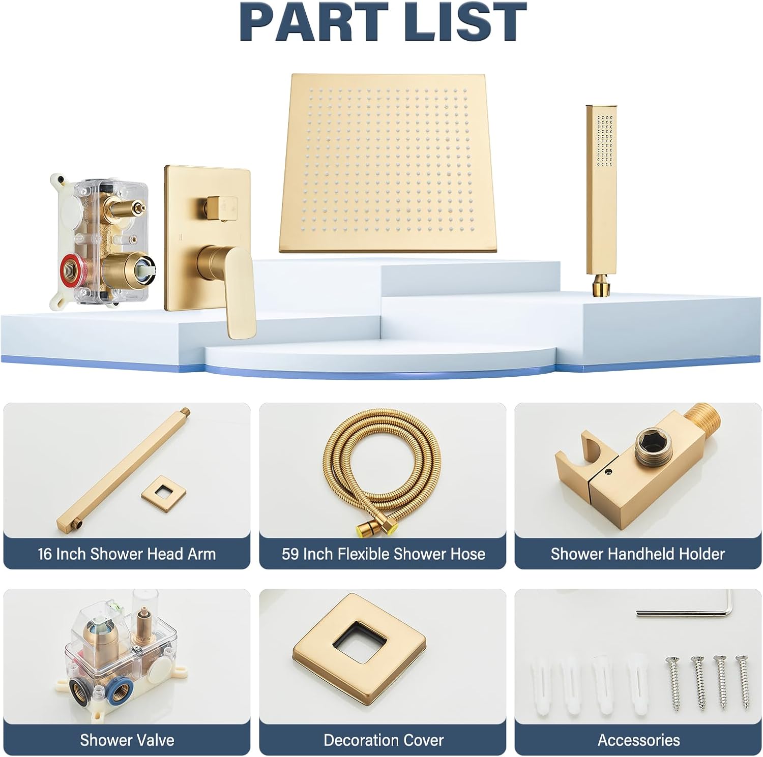 Brushed Gold Rain Shower System with 12 Inch LED Shower Head and Brass Handheld with Brass Valve and Trim Kit Shower Faucets Sets Complete