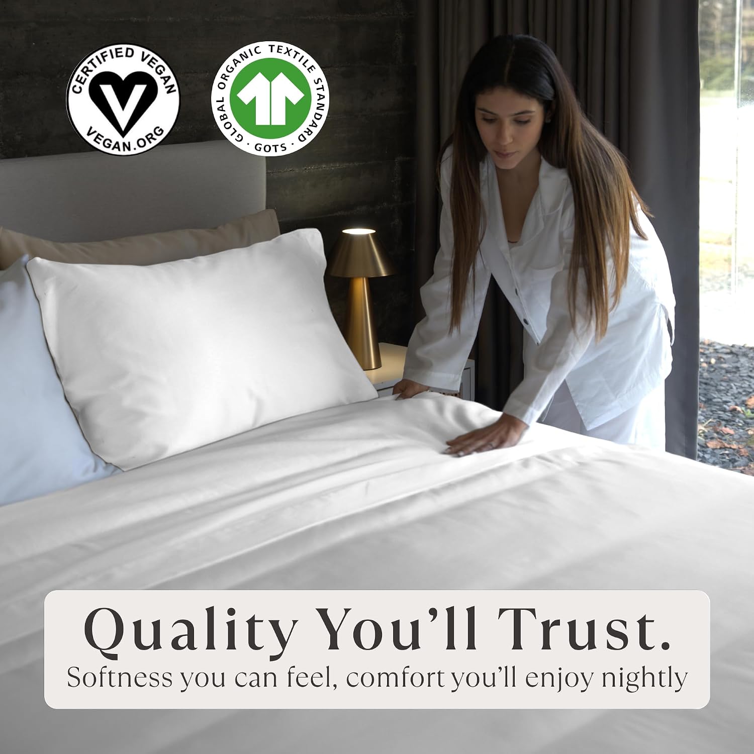 Delilah Home 100% Organic Cotton Queen Flat Sheet Set, GOTS & Vegan.org Verified, Long Stem 300 TC Sateen Bedding, Non-Synthetic, Deep Pocket Fitted Linen, Lightweight, All-Season, 4 Piece Set - White
