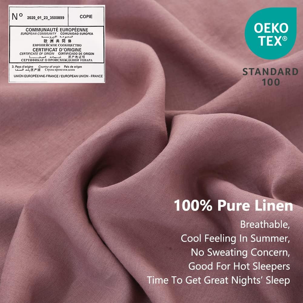 Simple&Opulence 100% Linen Sheet Set with Embroidery Washed - 4 Pieces (1 Flat Sheet & 1 Fitted Sheet & 2 Pillowcases) Natural Flax Soft Bedding Breathable Farmhouse - Purple, King Size