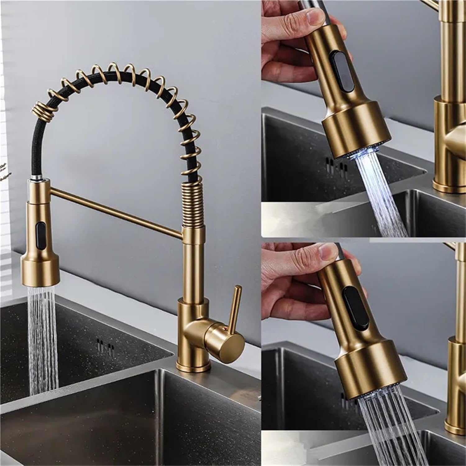 Kitchen Faucet Kitchen Sink Single Lever Pull Out Spring Spout Mixers Tap Hot Cold Water Crane(Brushed Gold)